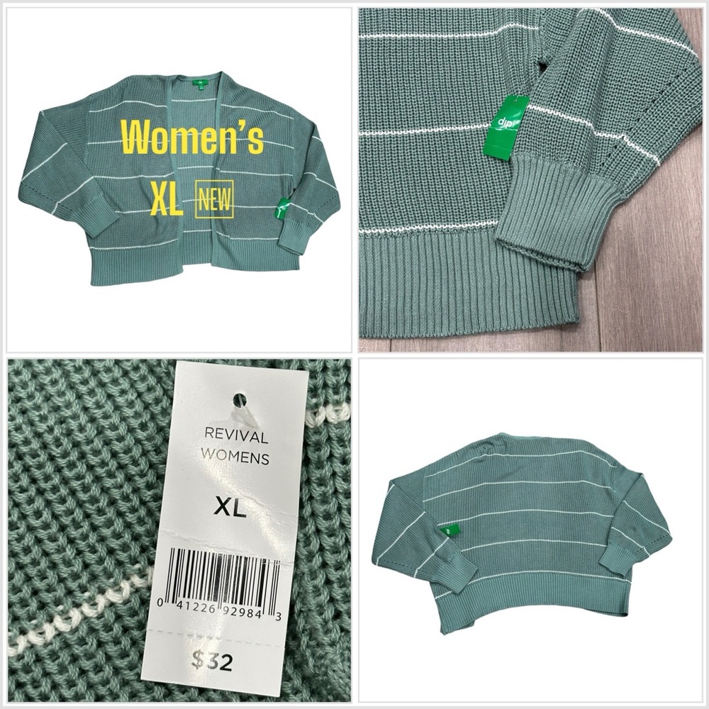 Women’s Dip XL 1X Cardigan Sweater Striped Olive Green White Comfortable NWT